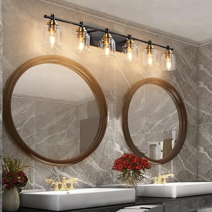 SOLFART 6-Lights Black Brass Bathroom Vanity Light Fixture Vintage Bathroom Fixture Over Mirror Thick Clear Glass