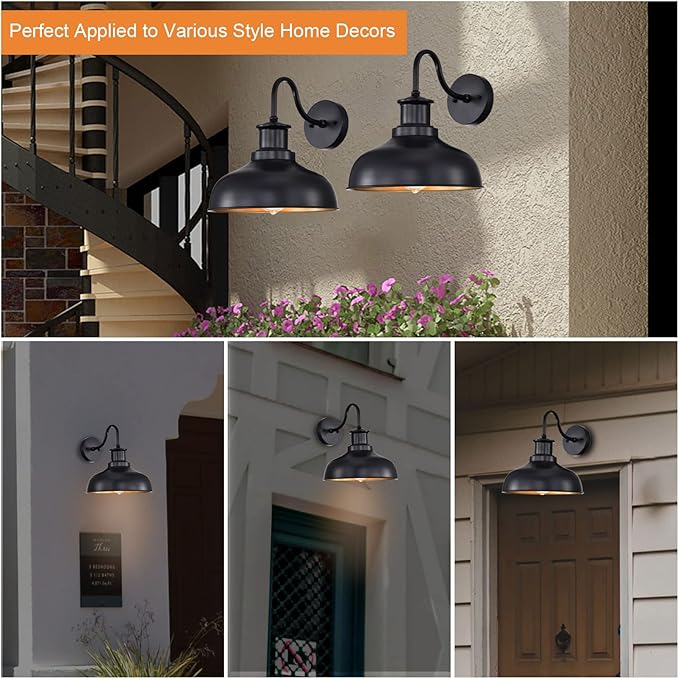 Outdoor Barn Lights, Farmhouse Outdoor Wall Sconces, Rustic Exterior Wall Mount Lights, Vintage Outside Lighting Fixtures, Industrial Black Gold Lanterns for Barn Shed Porch Garage Patio, 2 Pack