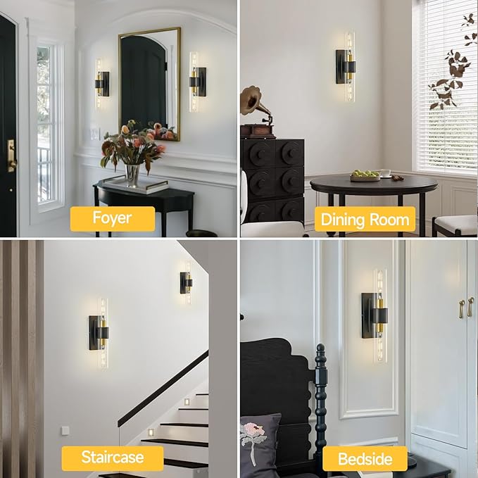 19" Black and Gold Wall Sconce,Modern Bathroom Light Fixtures,2-Light Vanity Lights for Mirror,Indoor Wall Lamp Wall Mount Hardwired Light for Bedroom with Clear Glass,E26 Base,1 Pack