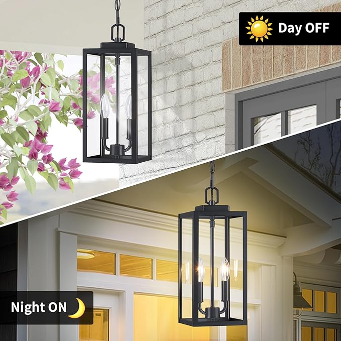 15'' Large Outdoor Pendant Light 2-Light, Modern Black Metal Outside Chandelier Exterior Hanging Fixture Ceiling Mount with Clear Glass for Front Porch Entrance Foyer Entryway, 1 Pack