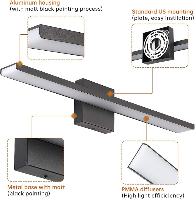 JUSHENG Modern Black Bathroom Vanity Light Fixtures 24" Inch Long Industrial Aluminum LED Bath Wall Light Lamps Over Mirror in Hallway Bedroom Lighting Matte Black 24W 3000K