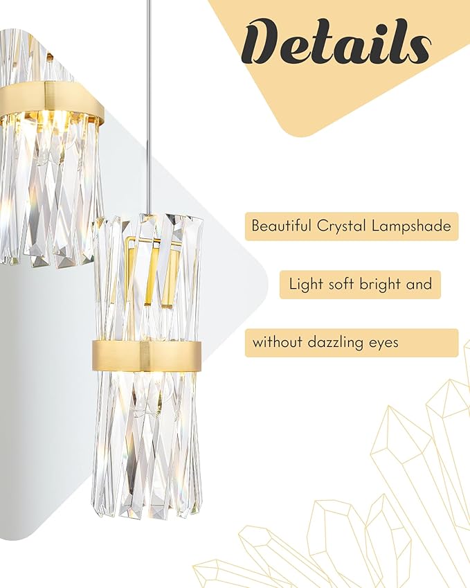 Ken & Ricky Pendant Lights Kitchen Island Gold 3 Pack,Crystal Pendant Lighting Over Island,Modern Pendant Light Fixtures for Dining Room Bedroom Bathroom Livingroom
