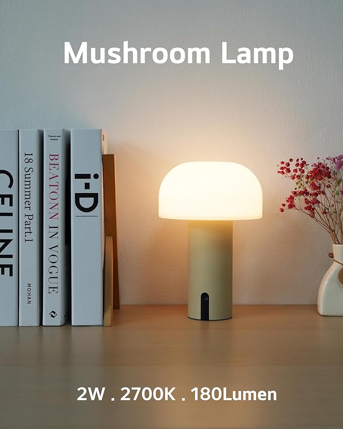 WEILAILUX Cordless Mushroom Table Lamp, Waterproof Shower Lamp, Battery Operated Table Lamp Rechargeable, Touch Dimmable Night Light for Bedroom/Patio/Camping/Dinning/Outdoor (Khaki)