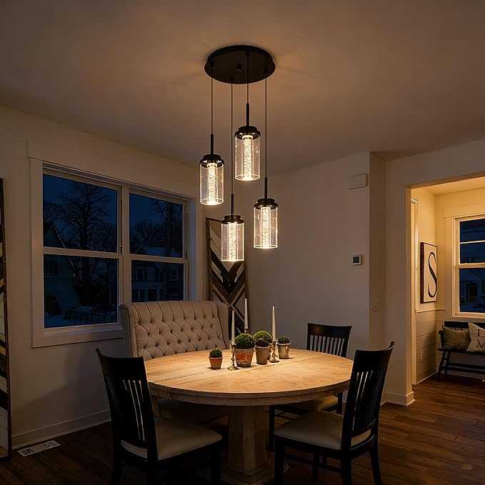 MELUCEE 4-Light Dimmable LED Pendant Light Dining Room Light Fixture Over Table Black Chandelier, 3000K-6000K Adjustable Color Temperature Island Lights with Clear Glass Shade