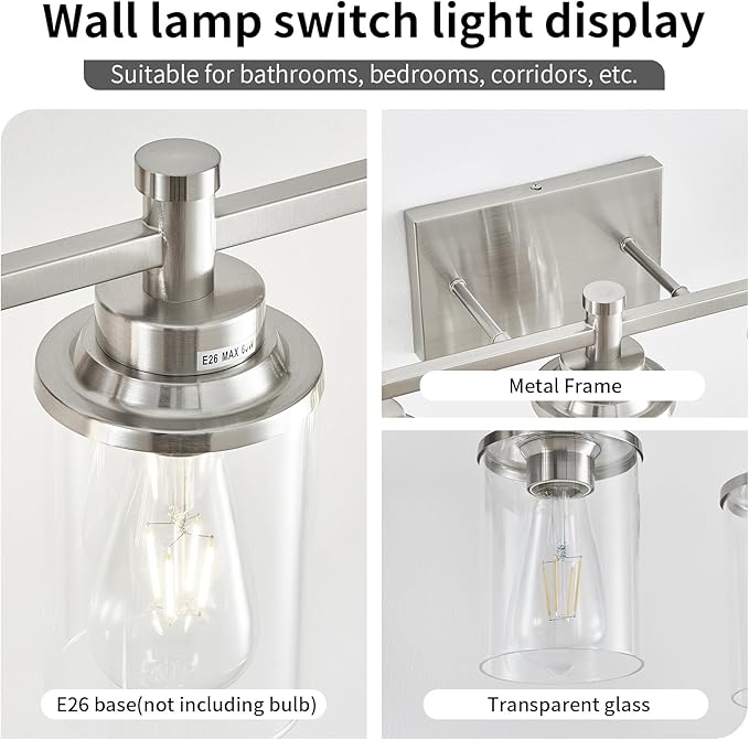 Brushed Nickel 4-Light Bathroom Vanity Light Fixtures Over Mirror, Modern Wall Sconce with Clear Glass Shade for Hallway, 23.6"x7.0"x9.4"