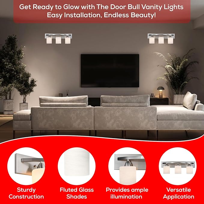 The Door Bull - Hollywood Style Modern Bathroom Vanity Light Fixture - Bathroom Lighting Fixtures Over Mirror - Bath Vanity Light Bar - Contemporary Interior Lights with Frosted Glass Shade