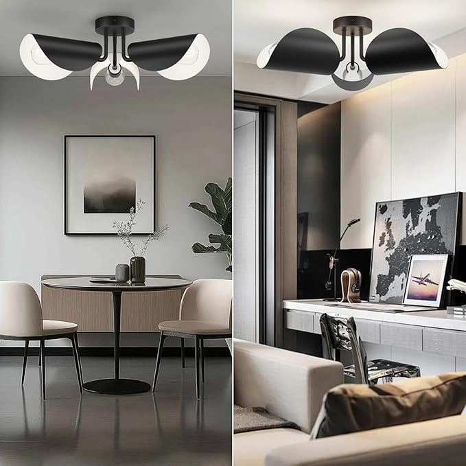 Aipsun Black Semi Flush Mount Ceiling Light, 3 Lights Modern Retro Ceiling Lighting with Black Adjustable Shades for Hallway, Dining Room and Bedroom