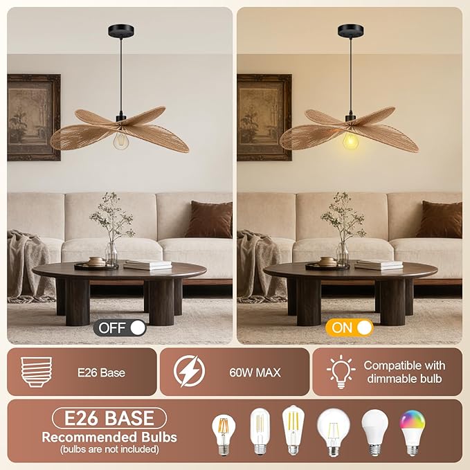 BoostArea Rattan Boho Chandelier Light Fixture,17.4" Hand Woven Wicker Pendant Light, Coastal Hanging Pendant Light for Kitchen Island Bedroom Living Room(Bulb not Included)