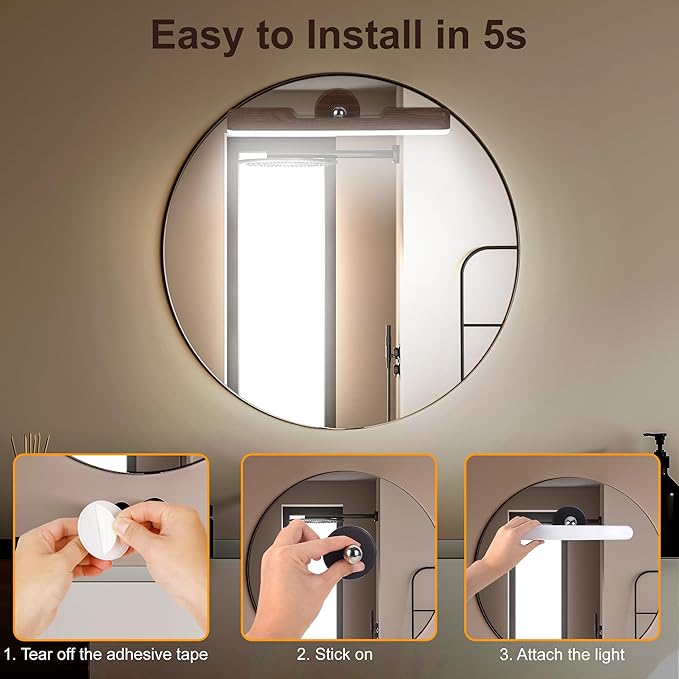 Benreom 2 Pack Vanity Lights for Mirror with 4000mAh Rechargeable Battery, Touch Control Dimmable Makeup Light with 3 Color Modes, Magnetic 360° Adjustable LED Bathroom Mirror Light, Dark Wood