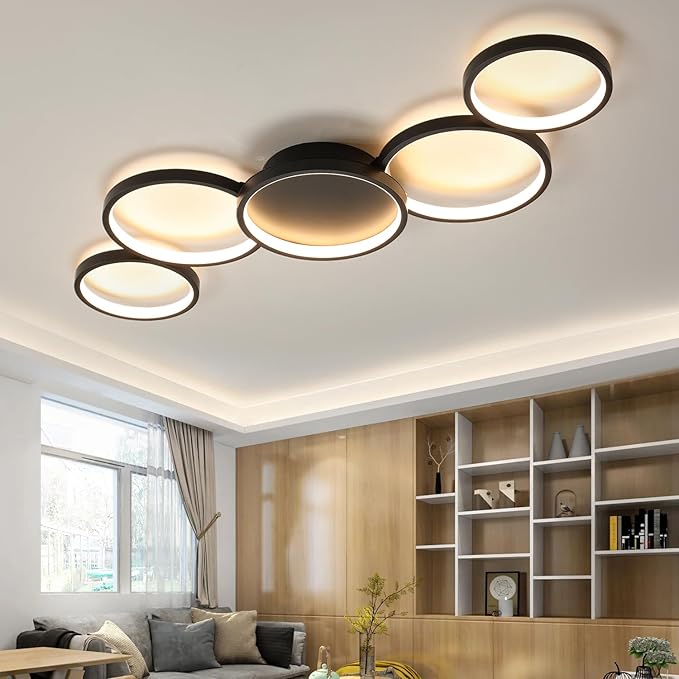 Modern LED Flush Mount Ceiling Light - 55w dimmable Ceiling Light Fixture, 5rings Ceiling lamp for Living Room,Bedroom,Dining Room,Office (Black)