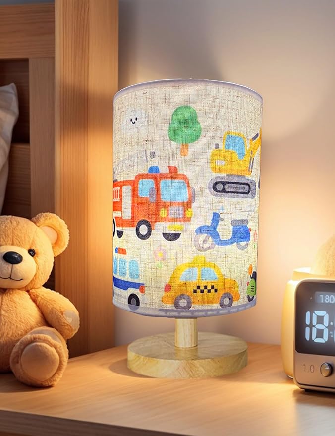 Kids Lamps for Bedrooms Boys, Car Lamp,3 Level Dimmable Wood Nightstand Desk Base Flaxen Fabric Shade for Bedroom Living Room,Car Gifts for Boys (car)