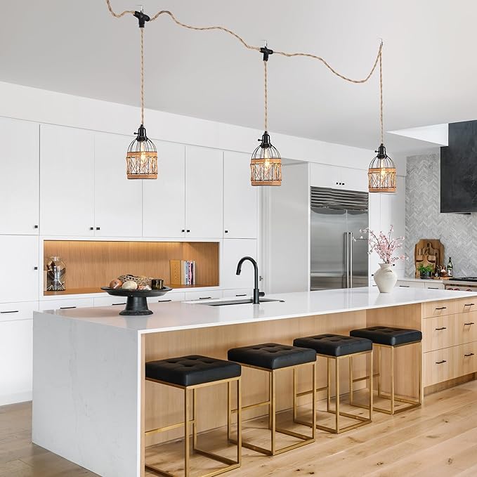 3 Light Hemp Rope Plug in Pendant Light Rattan Hanging Lights with Plug in Cord with Woven Lamp Shade, Plug in Cord Hemp Rope Hanging Lamp
