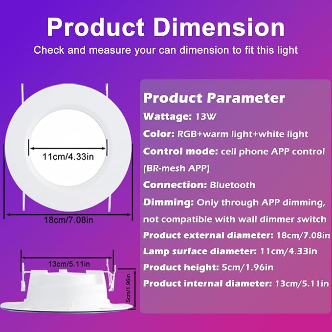 Smart Recessed Lighting, 5/6 inch, Compatible with Alexa, Smart LED Downlight, ‎13W 1050LM Led Lights, Smart Can Lights Multicolor APP Dimmable, 4-Pack