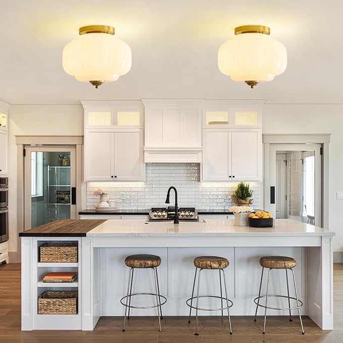 Milk Glass Ceiling Light Fixture 15 inch Semi Flush Mount Ceiling Light Mid Century Gold Modern Ceiling Lamp for Kitchen Dining Room Bedroom and Hallway(White) E26