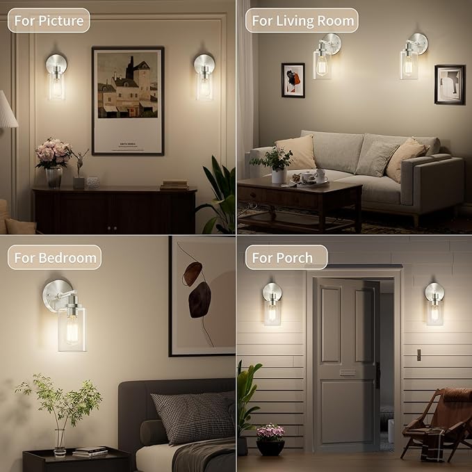 BUTHY Brushed Nickel Wall Light: LED Wall Sconces Indoor, Modern Sconces Wall Lighting with E26 Base and Clear Glass Shade, Wall Light Fixtures for Bedroom, Hallway, Mirror, Living Room