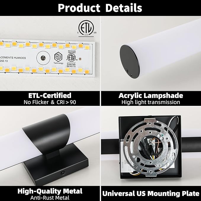 Modern Wall Sconce 30 Ihch Black Bathroom Sconces LED Wall Lighting Fixtures with Acrylic Shade Hardwired Long Vanity Lights Over Mirror for Bedroom Living Room Hallway