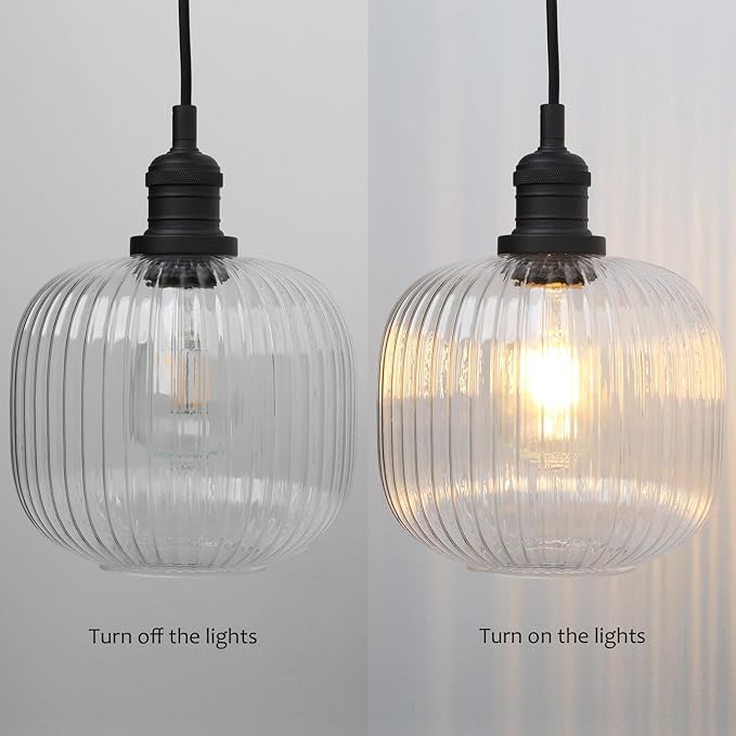 Pathson Modern Pendant Light Fixture Striped Globe Glass, Adjustable Textile Cord Hanging Lighting, Hardwired Pendant Lamp Decor for Dining Room Hotels Living Room Bedroom Kitchen