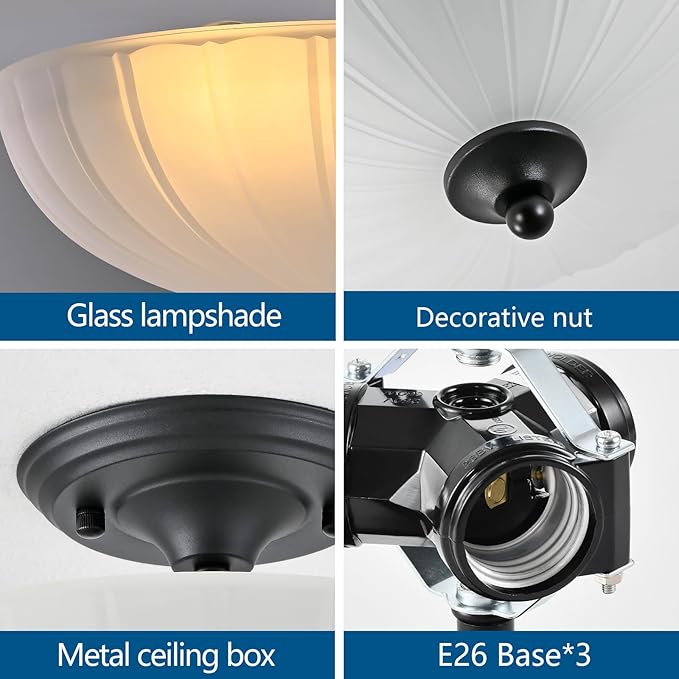 HuixuTe Modern Semi Flush Mount Ceiling Light, 3-Light Black Close to Ceiling Light Fixture with Frosted Glass Shade for Living Room Entryway Bedroom