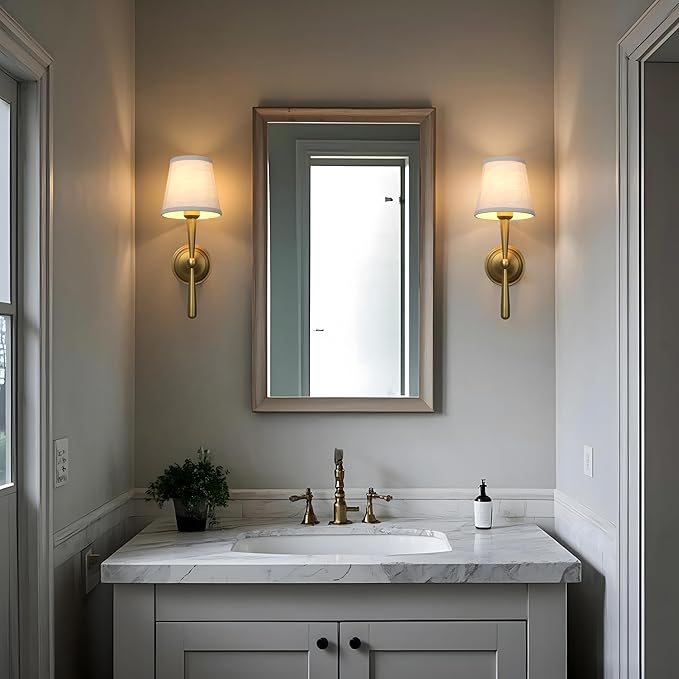 Sconces Wall Lighting Set of Two with Boho Linen Fabric Shade, E26 Aged Brass Vanity Bathroom Wall Lamps, Hardwired Indoor Wall Lights for Living Room Bedside Nightstand Light