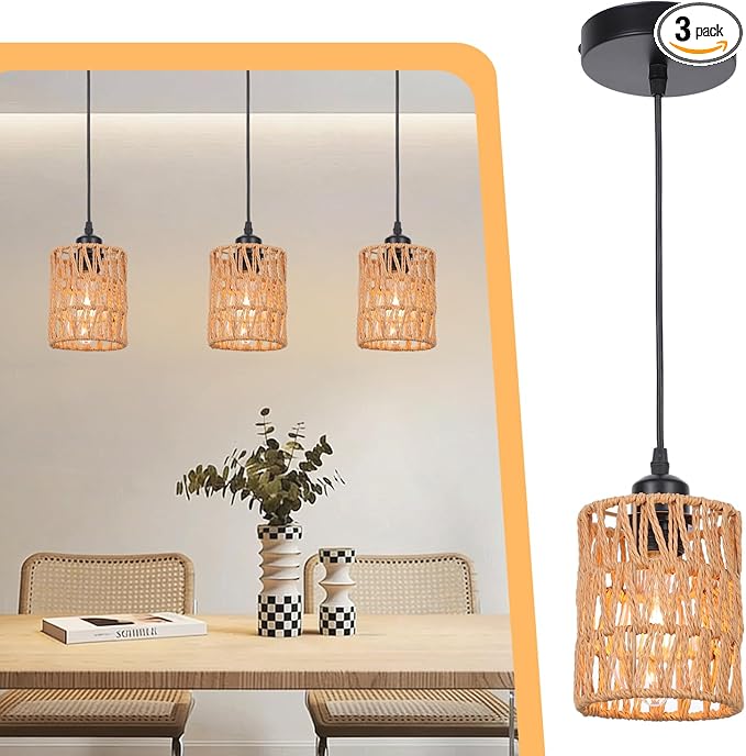 Rattan Pendant Lights Kitchen Island, 3 Pack Farmhouse Chandelier Lighting with Hand Woven Wicker Shade, Boho Pendant Light Fixtures Ceiling Hanging for Dining Room Bedroom Foyer Hallway