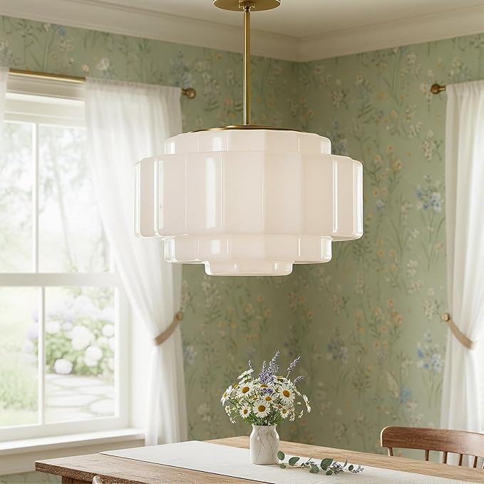 Vintage Milk Glass Pendant Lights, 15.7" White Pleated Glass Chandelier, Semi-Flush Mount Ceiling Light for Bedroom, Foyer, Living Room, Bar Counter, E12 Bulb Included (White, 15.7)