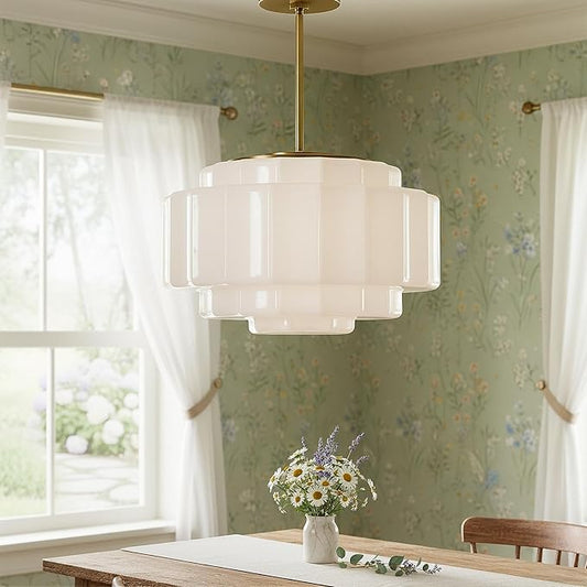 Vintage Milk Glass Pendant Lights, 15.7" White Pleated Glass Chandelier, Semi-Flush Mount Ceiling Light for Bedroom, Foyer, Living Room, Bar Counter, E12 Bulb Included (White, 15.7)