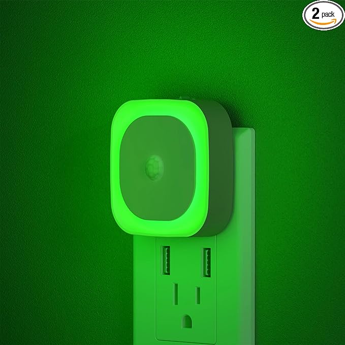 YUNLEX 2 Pack Plug in Night Light with Motion Sensor & Dusk to Dawn Sensor, 3 Sensor Modes, Auto ON/OFF, Dimmable Reflected Light, Calming Green LED for Home Office, Hallway, Bathroom, as Mother Gifts