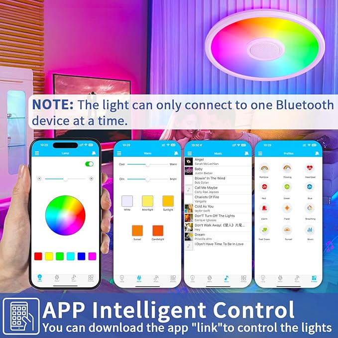 RGB LED Ceiling Light, with Bluetooth Speaker, 24W 11Inch Smart Music Ceiling Lamp with App and Remote Control, 3000K-6500K Color Changing Lights Fixture for Child Bedroom Bathroom, White