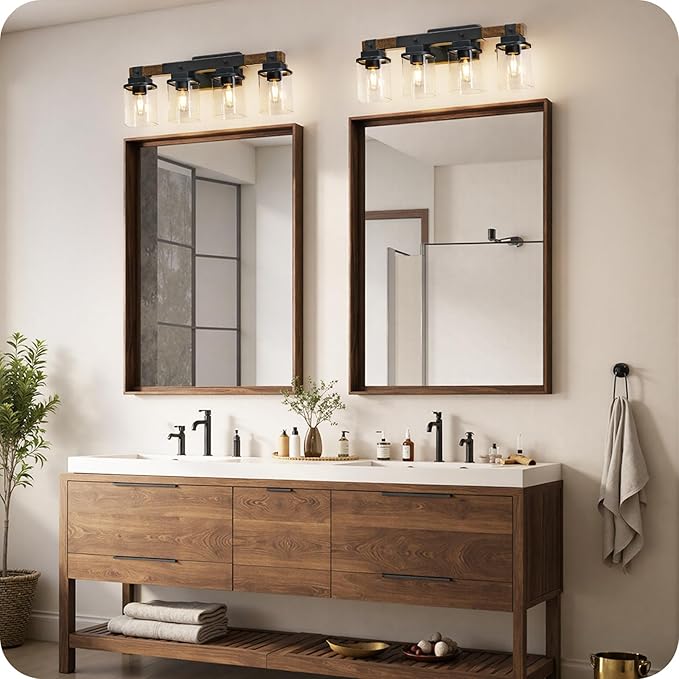 4-Light Bathroom Light Fixtures, Farmhouse Vanity Lights for Bathroom with Glass Square Shade, Rustic Vanity Lights, Sconce Wall Light, E26 Base (Bulbs Not Included), ETL Listed FS09BD05