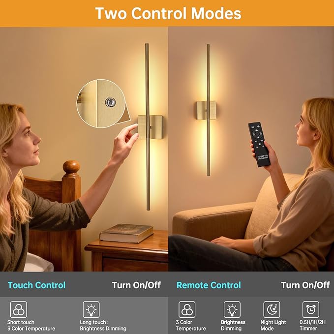Shenmoyl Battery Operated Wall Sconce Set of 2, 10400mAh Rechargeable Wall Sconces, 3000K-6000K Dimmable, 350°Rotate, Indoor Wall Lights for Bedroom Living Room Bathroom, Gold, 31.5 Inch