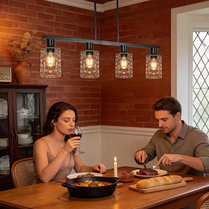 4-Light Kitchen Island Lighting Black Dining Room Light Fixture with Hammered Glass Shade 31" Modern Linear Chandelier Adjustable Hanging Pendant Lighting Over Island Dining Table Living Room