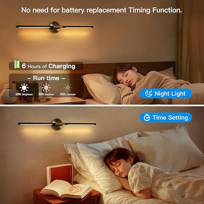 Battery Operated Wall Sconces Set of Two, 360°Rotate Wireless Wall Sconces with Remote Control Dimmable Timing, Black Gold Rechargeable Modern Decor Lights for Hallway Living Room, 31.5 Inch
