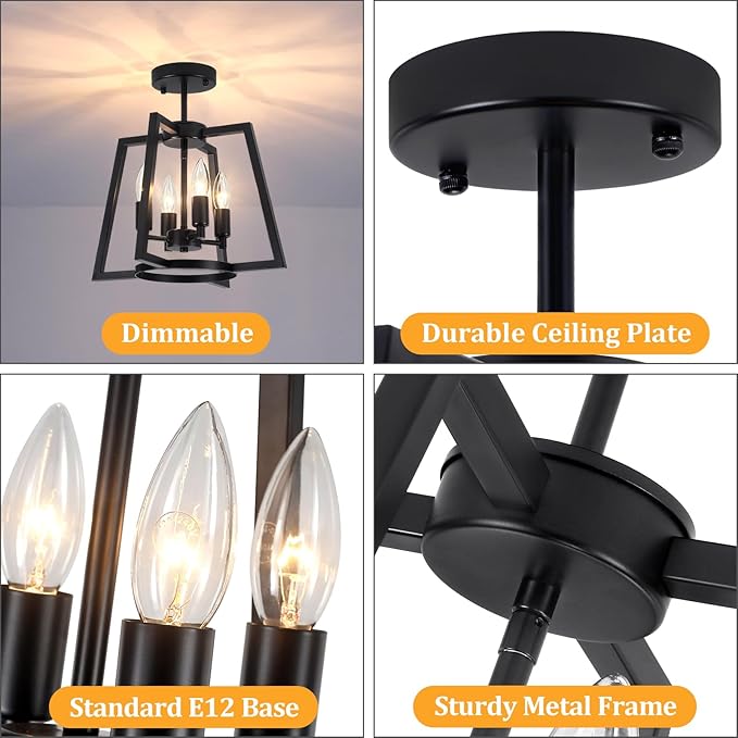 TOULMJ 14.56" Ceiling Light Fixture, 4-Light Farmhouse Black Semi-Flush Mount Ceiling Light for Kitchen Island Laundry Room Bedroom Dining Room Hallway Entryway