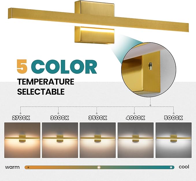 KAISITE Modern Bathroom Vanity Light Gold Light Fixture Over Mirror 24 inch Vanity Lighting Fixture Dimmable 5CCT LED Bar Vanity Light for Bathroom Restroom