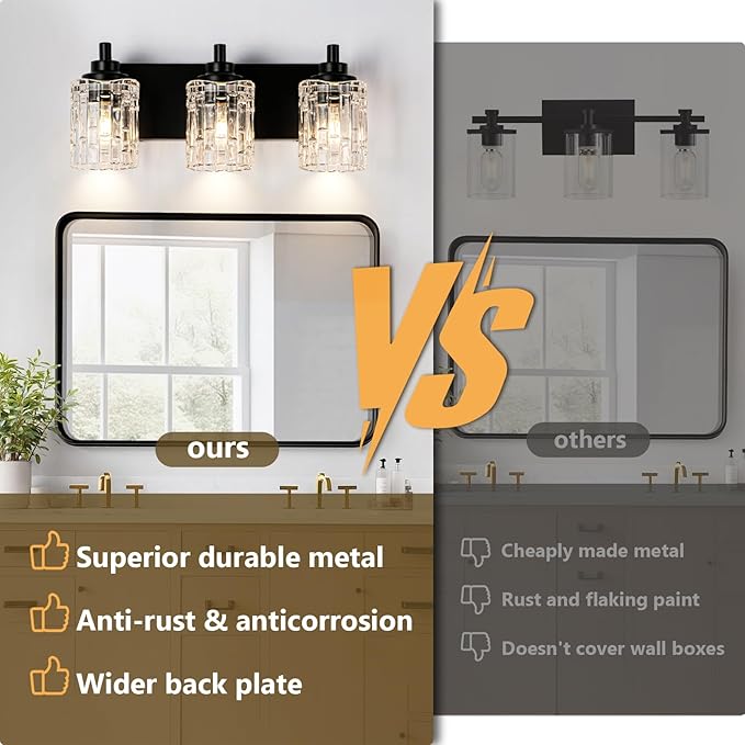 Bathroom Light Fixtures, 3-Light Black Bathroom Vanity Light, Modern Wall Sconces with Clear Glass Shade, Black Wall Lights for Mirror Kitchen Bedroom Hallway, E26 Base