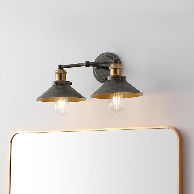 JONATHAN Y 17.5" Rustic Dark Gray/Brass Gold 2-Light Industrial Farmhouse Metal Vanity Light Wall Sconce, Metal Shade for Bathroom Mirror, Kitchen, Entryway, LED Bulb Included (JYL7427D)