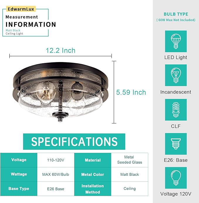 Edwarmlux Flush Mount Ceiling Lights, 2-Light Farmhouse Close to Ceiling Light, Industrial Ceiling Lighting Fixture for Kitchen Hallway Bedroom Living Room Stairways Porch (Black)