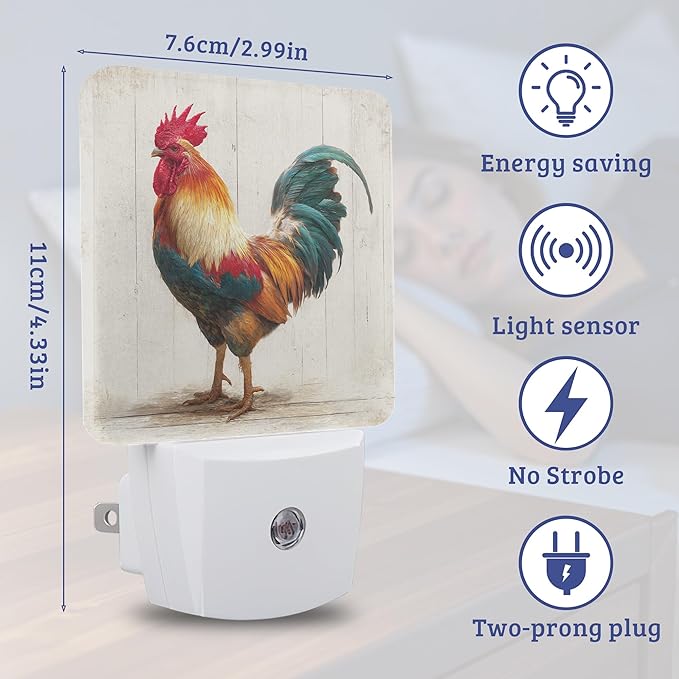Charming Rooster Night Light, Plug-into Wall Nightlight with Dusk to Dawn Sensor, Energy Efficient Lamp for Bedroom/Bathroom/Kitchen/Hallway/Stairs
