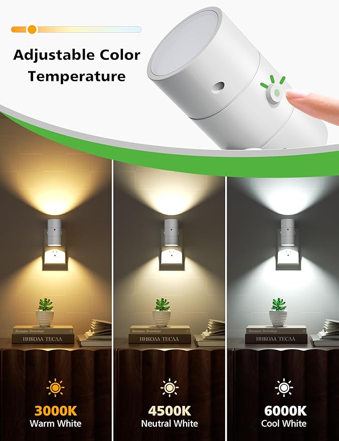 JOFIOS Night Lights Plug Into Wall,3 Color Temperatures LED Night Light Plug in,Dusk to Dawn Sensor,0-100LM Adjustable Brightness,Dimmable Night Lights for Hallway Bathroom Stair Bedroom,White,6 Pack