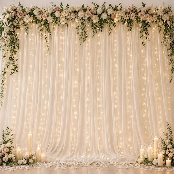 Ledido 2 Pack 10×10ft Beige Tulle Backdrop Curtains with Lights String - 600LED Fairy Lights Sheer Curtain Backdrop for Wedding Baby Shower Photo Shoot Birthday Party Decoration(4 Panels 5×10ft)，Beige