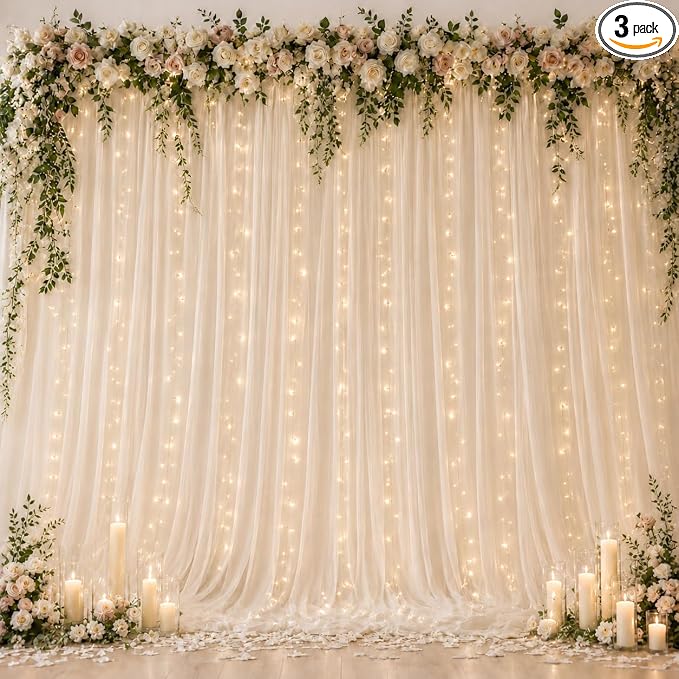 Ledido 3 Pack 10×8ft Beige Tulle Backdrop Curtains with Lights String - 900LED Fairy Lights Sheer Curtain Backdrop for Wedding Baby Shower Photo Shoot Birthday Party Decoration(6 Panels 5×8ft)，Beige