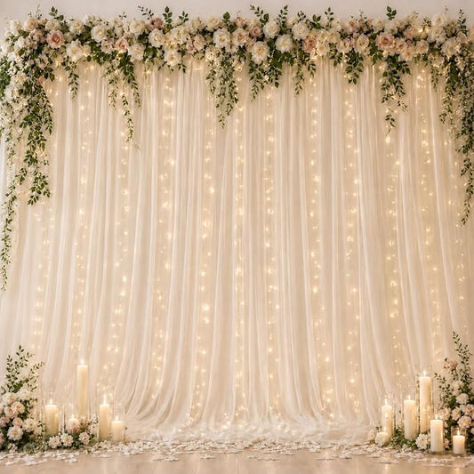Ledido 3 Pack 10×10ft Beige Tulle Backdrop Curtains with Lights String - 900LED Fairy Lights Sheer Curtain Backdrop for Wedding Baby Shower Photo Shoot Birthday Party Decoration(6 Panels 5×10ft)，Beige