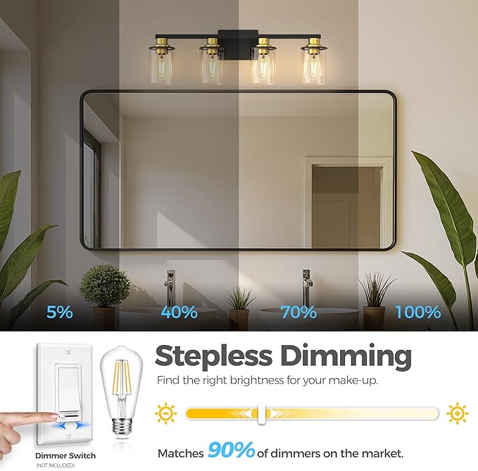 DORESshop Bathroom Light Fixtures, 4-Light Black and Gold Bathroom Lighting Fixtures Over Mirror with Glass Shade, Modern Vanity Lights for Hallway Bedroom, Includes Bulbs