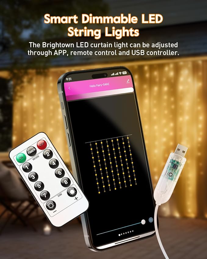 Smart Curtain Lights, USB Plug in, 9.8ft 300 LED Window Smart String Light with APP and Remote, 8 Modes, Waterproof Fairy Lights for Bedroom, Indoor, Weddings, Party, Christmas Ramadan Decorations