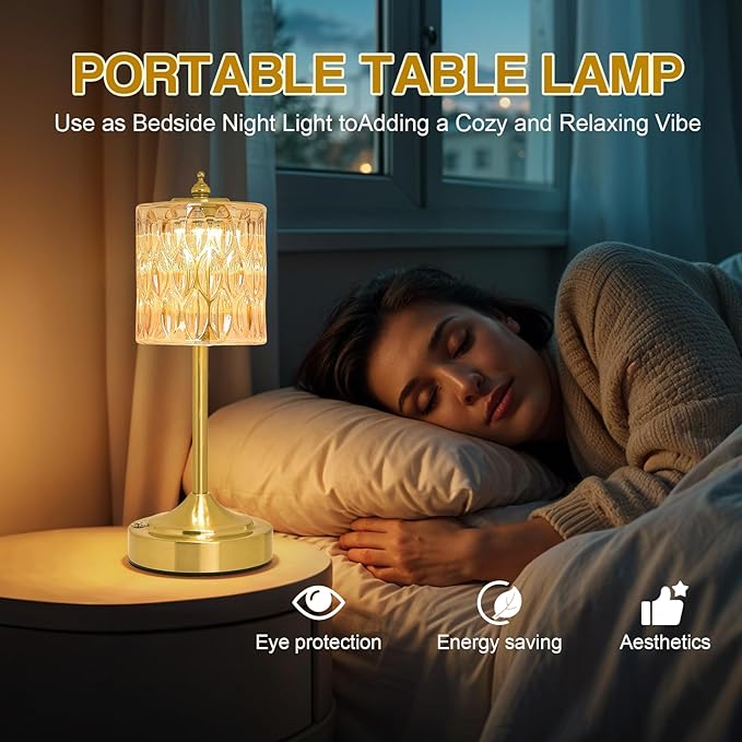 Cordless Crystal Table Lamp, 5200mAh Rechargeable Battery, 3 Color Dimmable Touch Control, Portable Vintage Gold Desk Lamp for Bedroom, Nightstand, Living Room, Home Decor (Amber-2)