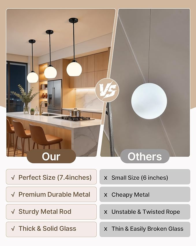 Majade Globe Pendant Lights Kitchen Island Pendant Light Fixtures 7.4 Inch Black Mid Century Modern Globe Pendant Lighting with Milk Glass Adjustable Hanging Light Fixtures for Dining Room(2 Pack)