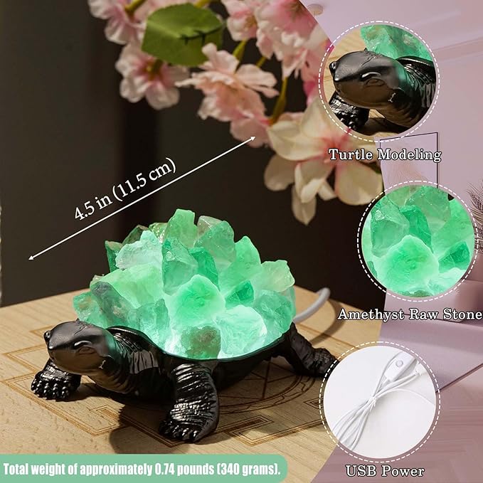 Runyangshi Natural Green Fluorite Turtle Night Lamp Healing Crystal Bedroom Bedside Table Lamp USB Port Home Decoration Women Men Decor Gift