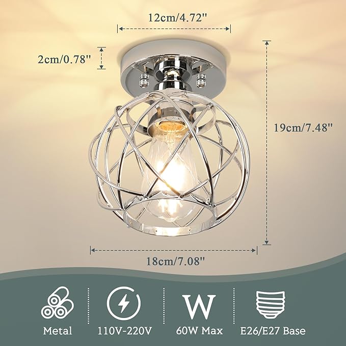 Hallway Ceiling Light Fixtures,Flush Mount Ceiling Lights Metal Cage Indoor Industrial Ceiling Lights E26 Semi Flush Mount Ceiling Light for Porch Entryway Foyer Bathroom(Chrome)