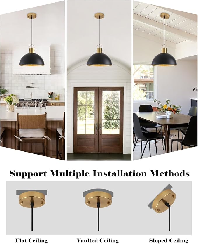 Black and Gold Pendant Light 2 Pack, 11.8 Inch Pendant Lights Kitchen Island, Black Dome Pendant Lights, Island Pendant Light for Kitchen, Dining Room, Living Room