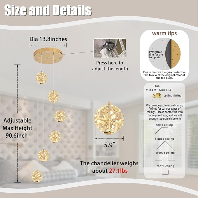 ykolupty LED Staircase Chandelier Modern Crystal Globe Pendant Light Crystal Chandeliers for High Ceilings,Gold Hanging Lighting Fixture for Villas Foyer Hallway Entryway (6-Lights)